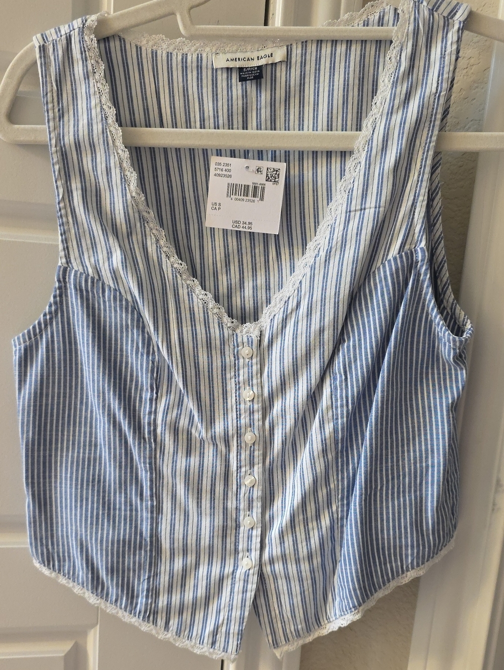 American Eagle Outfitters Blue and White Striped Lace-Trim Button Tank